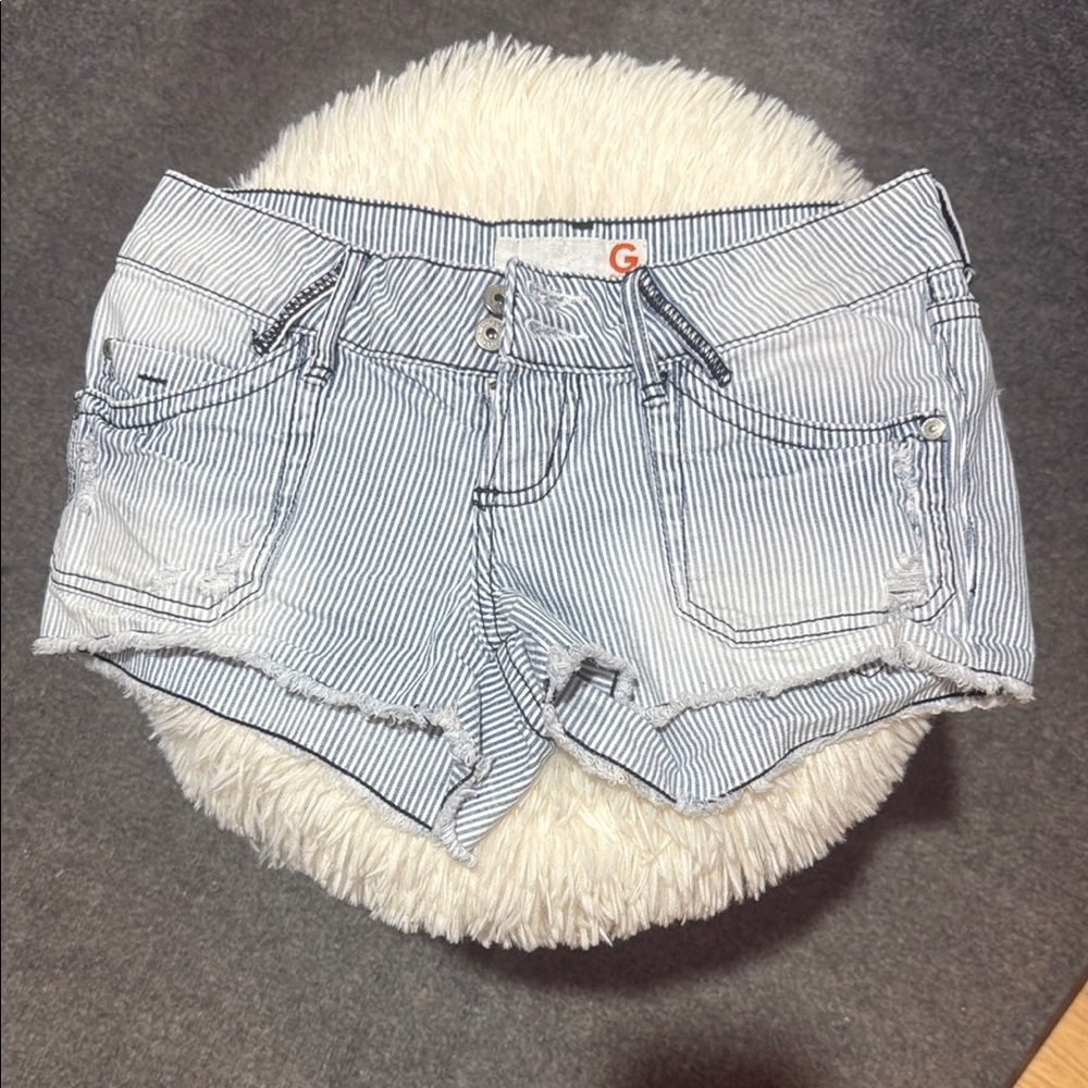 White and Blue Jean Shorts with Frayed Hem and Distressed Look